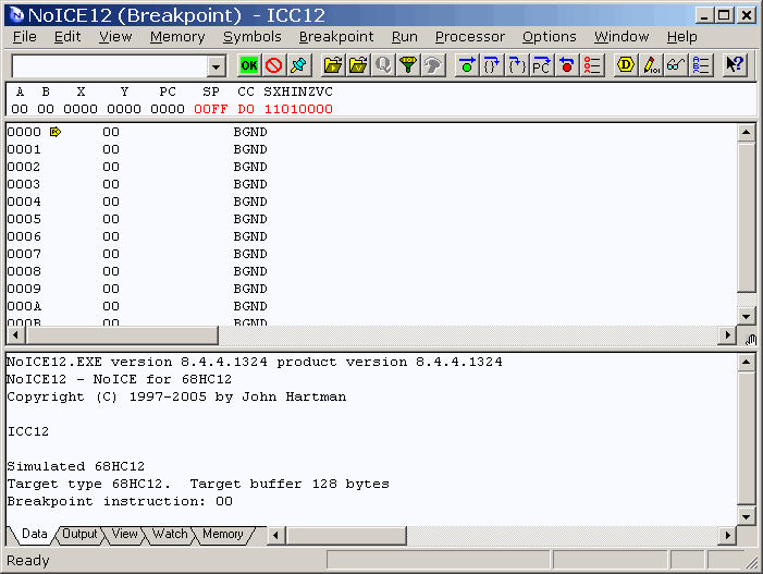 Initial NoICE display using simulator