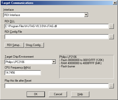 RDI setup dialog