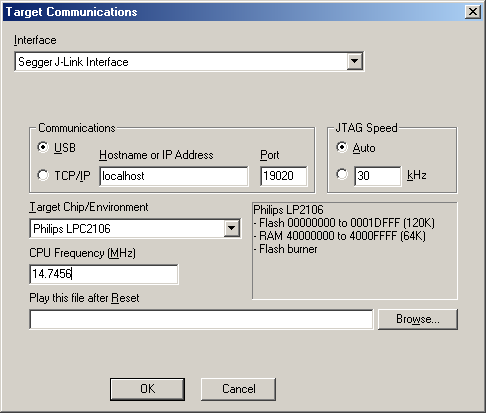 Segger JLink setup dialog