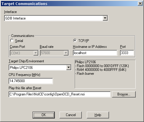 GDB setup dialog
