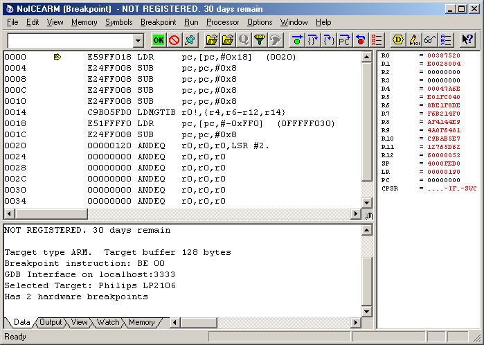 Initial NoICE display using OpenOCD