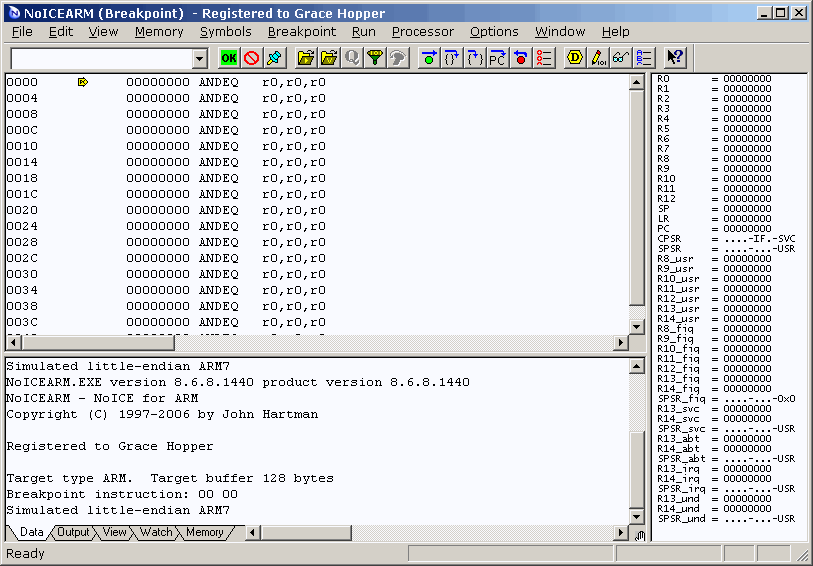 Initial NoICE display using simulator